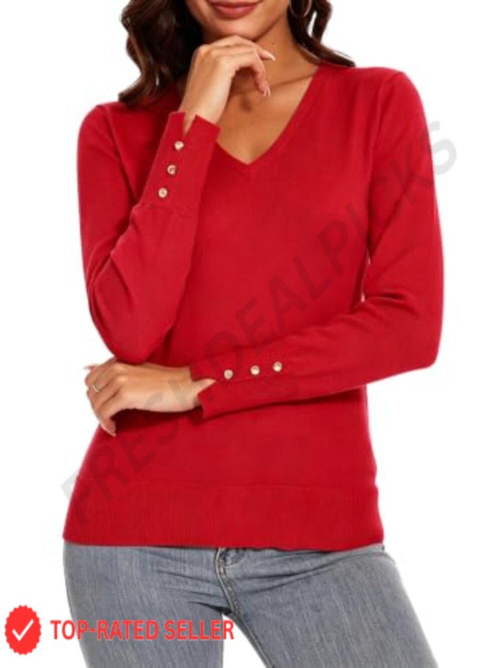 Women's Lightweight V-Neck Knit Sweater Pullover Gold Button Cuffs